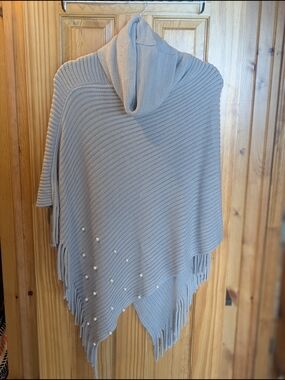 Light Gray Pearl-Embellished Knit Poncho Cowl Neck Sweater